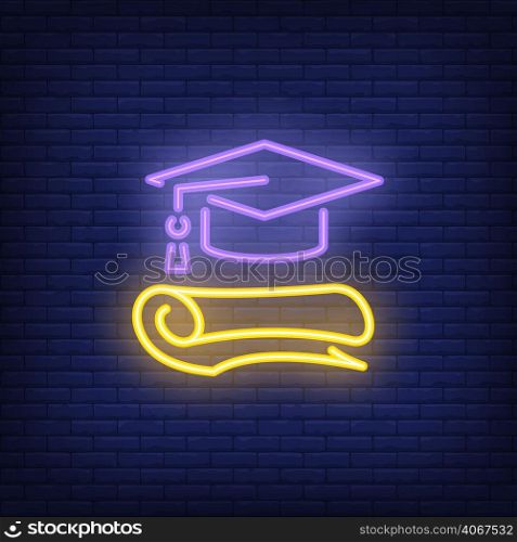 Graduation neon sign. Graduation cap and diploma. Night bright advertisement. Vector illustration in neon style for academic and education