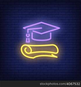 Graduation neon sign. Graduation cap and diploma. Night bright advertisement. Vector illustration in neon style for academic and education