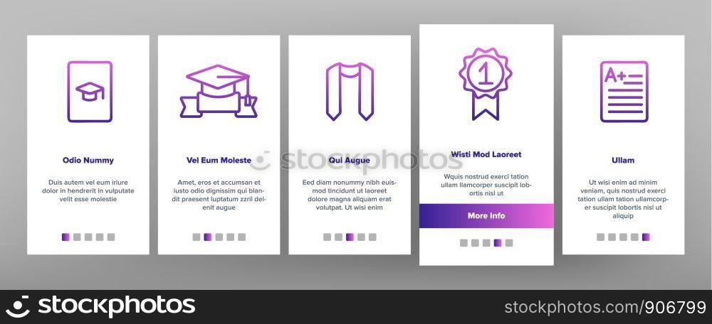 Graduation Onboarding Mobile App Page Screen Vector. Certificate And Diploma, School, College Or University Graduation Elements Linear Pictograms. Academic Details Contour Illustrations. Graduation Onboarding Vector
