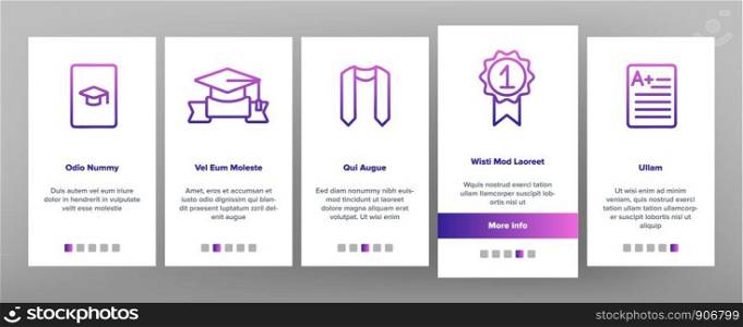 Graduation Onboarding Mobile App Page Screen Vector. Certificate And Diploma, School, College Or University Graduation Elements Linear Pictograms. Academic Details Contour Illustrations. Graduation Onboarding Vector