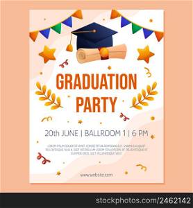 Graduation party poster invitation with cap, diploma script, garland and stars. Vector layout template. Degree ceremony invite. Student flyer design.. Graduation party poster invitation with cap, diploma script, garland and stars. Vector layout template. Degree ceremony invite. Student flyer design