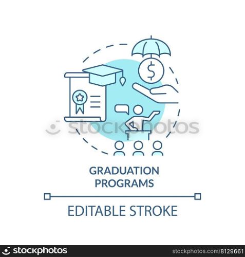 Graduation programs turquoise concept icon. Training and coaching. Social assistance abstract idea thin line illustration. Isolated outline drawing. Editable stroke. Arial, Myriad Pro-Bold fonts used. Graduation programs turquoise concept icon