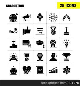 Graduation Solid Glyph Icons Set For Infographics, Mobile UX/UI Kit And Print Design. Include: Glass, Drink, Healthcare, Graduation, Map, Location, Medal, Award, Icon Set - Vector