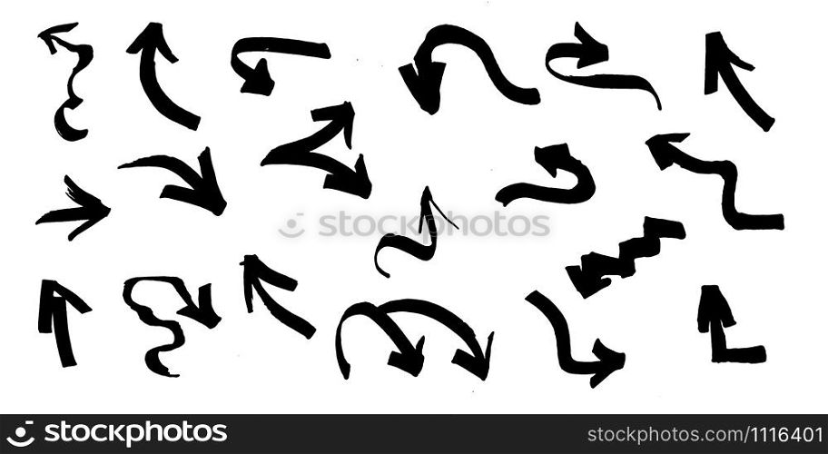 Graffiti arrows set with black brush strokes, paint traces, lines, smudges, smears, stains, scribbles isolated on white background. Vector illustration.. Graffiti arrows set with black brush strokes, paint traces, lines, smudges, smears, stains
