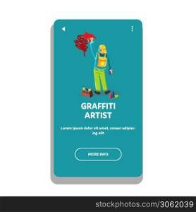 Graffiti Artist Drawing Picture On Wall Vector. Graffiti Artist Young Boy Painting With Color Paint Sprayer Bottle. Character Teenager Painter Street Artwork Web Flat Cartoon Illustration. Graffiti Artist Drawing Picture On Wall Vector