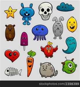 Graffiti cartoon characters abstract animals and fruits flat bright color icon set isolated vector illustration. Graffiti Characters Flat Icon Set