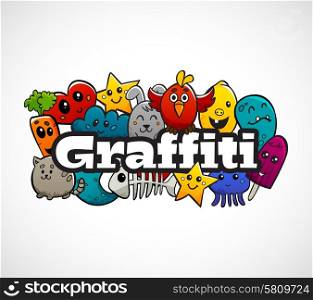 Graffiti Characters Composition Flat Concept. Graffiti text and cartoon abstract characters composition animals and fruits flat bright color concept vector illustration