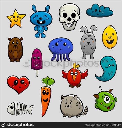 Graffiti Characters Flat Icon Set. Graffiti cartoon characters abstract animals and fruits flat bright color icon set isolated vector illustration