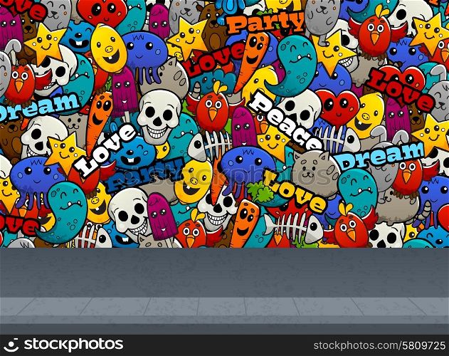 Graffiti Characters On Wall Pattern. Graffiti cartoon abstract characters and peace love text on street wall flat color seamless pattern vector illustration