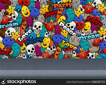 Graffiti Characters On Wall Pattern. Graffiti cartoon abstract characters and peace love text on street wall flat color seamless pattern vector illustration