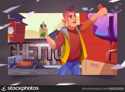 Graffiti painter in ghetto cartoon landing page. Boy teenager painting on brick wall with aerosol in cityscape with broken car. Vandalism or creative hobby occupation, vector web banner. Graffiti painter in ghetto cartoon landing