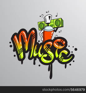 Graffiti spray can character element with player music notes word drippy font text sample grunge vector illustration