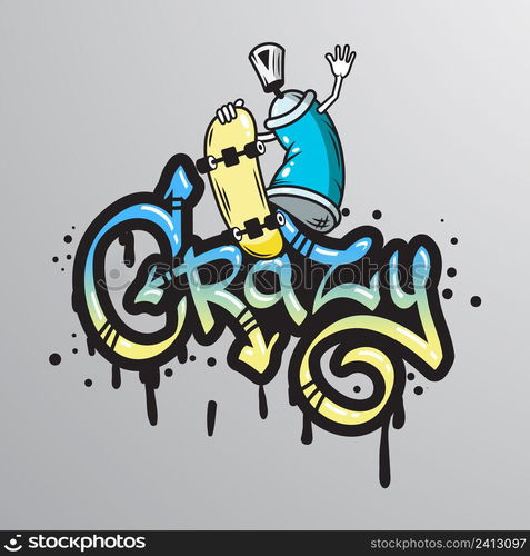 Graffiti spray can crazy character with skateboard composition drippy font text s&le abstract grunge vector illustration