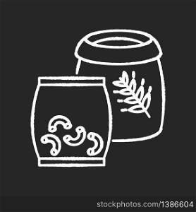 Grain and pasta chalk white icon on black background. Macaroni supply in bag. Healthy uncooked meal. Organic nutritious lunch. Italian cuisine. Staple food. Isolated vector chalkboard illustration. Grain and pasta chalk white icon on black background