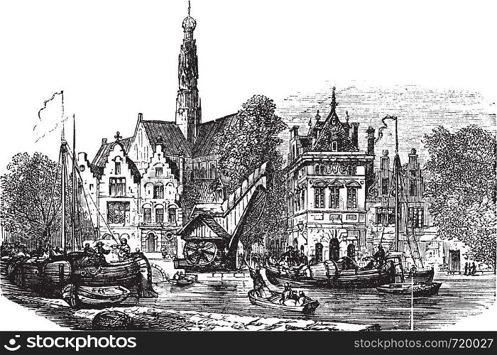 Grain market and Saint-Bavochurch docks, in Haarlem, Netherlands vintage engraving. Old engraved illustration of Grain market and Saint-Bavochurch dock in Haarlem, during the 1890s.
