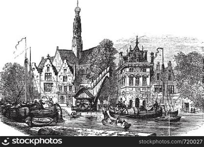Grain market and Saint-Bavochurch docks, in Haarlem, Netherlands vintage engraving. Old engraved illustration of Grain market and Saint-Bavochurch dock in Haarlem, during the 1890s.