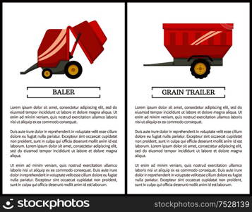 Grain trailer and baler set of poster with text sample. Container for transportation and device for compressing hay into cubes for storage vector leaflets. Grain Trailer and Baler Set Vector Illustration