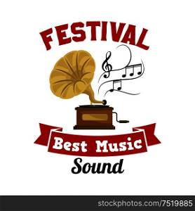Gramophone. Best music sound festival emblem with vector icon of old vintage retro phonograph, musical notes and red ribbon. Gramophone. Best music sound festival emblem