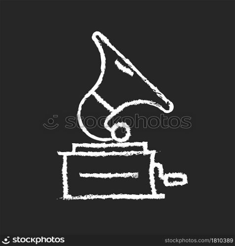 Gramophone chalk white icon on dark background. Phonograph records. Device for sound reproduction. Home entertainment. Antique record player. Isolated vector chalkboard illustration on black. Gramophone chalk white icon on dark background
