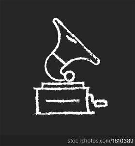 Gramophone chalk white icon on dark background. Phonograph records. Device for sound reproduction. Home entertainment. Antique record player. Isolated vector chalkboard illustration on black. Gramophone chalk white icon on dark background