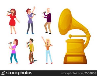 Gramophone gold vector, prize sign for best song and singers. Award and people with microphone singing, performance of senior man and young woman. Gramophone Gold Prize for Best Song and Singers