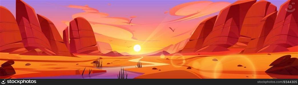 Grand canyon park desert at sunset cartoon vector illustration. Western mountain cliff and amazing sky background. Amazing utah or colorado ground terrain for unforgettable us wild travel adventure. Grand canyon park desert at sunset cartoon vector