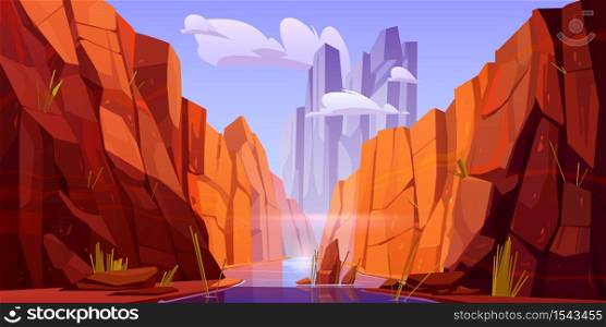 Grand Canyon with river on bottom, national park of Arizona state on Colorado stream. Red sandstone mountains, horizon with sand rocks and sky, nature landscape background, Cartoon vector illustration. Grand Canyon with river on bottom, park of Arizona