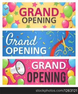 Grand opening banners. Announcement opened store, celebration ceremony, invitation promo with megaphone advertising startup flyers vector template. Grand opening banners. Announcement opened store, celebration ceremony, invitation promo with megaphone advertising flyers vector template