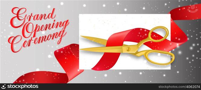 Grand opening ceremony sparkling banner design with empty card and gold scissors cutting red ribbon on gray background. Template can be used for signs, announcements, posters.