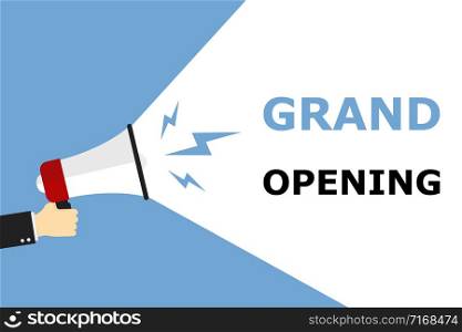 Grand opening concept. Hand holding megaphone. Stock vector illustration. Bullhorn cartoon. Megaphone icon vector. Attention banner. Social concept. News announce. EPS 10
