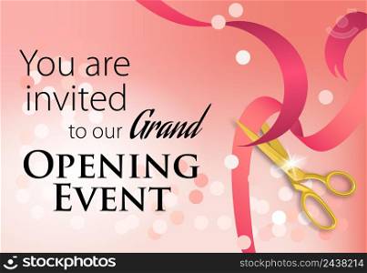 Grand opening event lettering with scissors cutting ribbon. Creative invitation on glowing pink background. Illustration with lettering can be used for invitation cards, layout, posters and leaflets