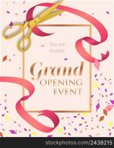 Grand opening event lettering with scissors. Opening event invitation design. Typed text, calligraphy. For leaflets, brochures, invitations, posters or banners.