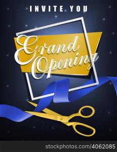 Grand opening, invite you festive poster design with white frame and gold scissors cutting blue ribbon on dark background. Template can be used for signs, announcements, banners.