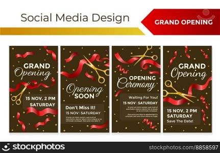 Grand opening promo at social media web page set. Template network banner with opening ceremony sign, vector illustration. Story collection with event announcement, golden scicorrs and red ribbon. Grand opening promo at social media web page set