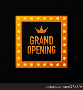 Grand opening sparkling banner. Template design element with golden sign for new store opening ceremony. Vector stock illustration.