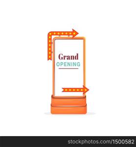 Grand opening vector advert board sign illustration. Commercial billboard mockup design with copy space. Red vintage stand isolated object on white background. Coming soon announcement banner. Grand opening vector advert board sign illustration