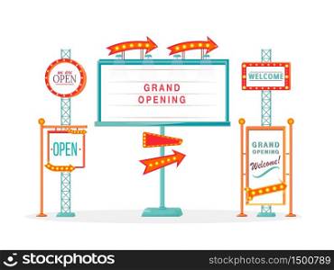 Grand opening vintage vector ads board sign illustrations set. Commercial billboard mockup designs pack with copyspace. Stands with marquee lights isolated objects collection. Announcement banners. Grand opening vintage vector ads board sign illustrations set