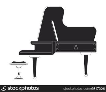 Grand piano with bench black and white 2D line cartoon object. Musical instrument fortiepiano isolated vector outline item. Symphony philharmonic. Keys pianoforte monochromatic flat spot illustration. Grand piano with bench black and white 2D line cartoon object