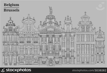 Grand Place in Brussels, Belgium. Landmark of Belgium. Vector hand drawing illustration in black and white colors isolated on grey background.. Grand Place in Brussels, Belgium, grey