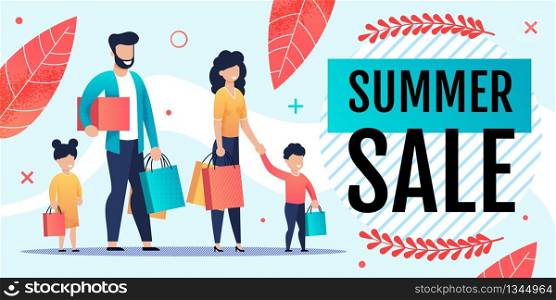 Grand Summer Sales Offer for Family Flat Banner. Cartoon Happy Parents and Smiley Children Going with Shopping Bags after Visiting Shop Mall. Great Discount. Vector Flat Illustration in Natural Design. Grand Summer Sales Offer for Family Flat Banner
