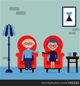 Grandfather and grandmother hold hands and sitting in armchair. Feel love always. The elderly happy and love. Vector illustration.
