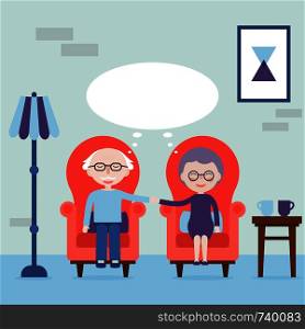 Grandfather and grandmother hold hands and sitting in armchair. Feel love always. Dreams of the elderly. The elderly happy and love. Vector illustration.