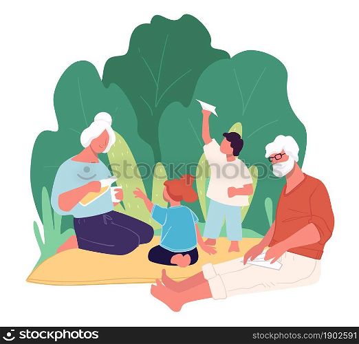 Grandfather and grandmother spending time with grandchildren in park on picnic. Woman pouring water to girl. Small boy kid playing with paper plane. Idyllic weekends in summer. Vector in flat style. Grandparents spending time in park with children