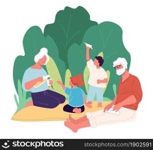 Grandfather and grandmother spending time with grandchildren in park on picnic. Woman pouring water to girl. Small boy kid playing with paper plane. Idyllic weekends in summer. Vector in flat style. Grandparents spending time in park with children