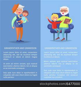 Grandfather and Grandson Set of Posters with Men. Grandfather and grandson set of posters with senior man reading book to grandson sitting together in armchair and mature dad holds boy on hands vector