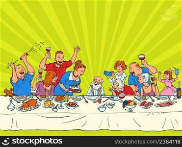 Grandfather birthday, a family holiday. Anniversary. Relatives at the festive table with food and cake. Comic cartoon hand illustration retro vector style. Grandfather birthday, a family holiday. Anniversary. Relatives at the festive table with food and cake