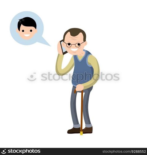 Grandfather call grandson on phone. Talk old Senior man and boy. Cartoon flat illustration. Communication generations. Family and friendship. Cane and glasses. Lifestyle and pastime of elder pensioner. Grandfather call grandson on phone. Cartoon flat illustration