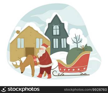 Grandfather frost with reindeer and sled in winter city. Greetings with xmas and new year, seasonal holidays celebration. Cityscape with houses rooftops covered with snow. Vector in flat style. Santa Claus and reindeer with sled in winter city