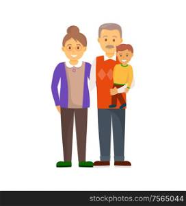 Grandfather holding smiling little grandson and hugging grandmother, people in sweater and trousers. Cheerful family full length portrait vector isolated. Cheerful Hugging Family in Full Length Vector