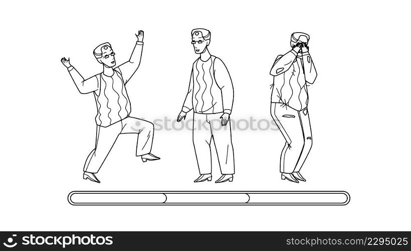 Grandfather Mood Laugh, Smile And Unhappy Black Line Pencil Drawing Vector. Happy Elderly Man Celebrative Dancing, Thoughtful And Crying, Positive And Negative Mood. Emotional Character Illustration. Grandfather Mood Laugh, Smile And Unhappy Vector